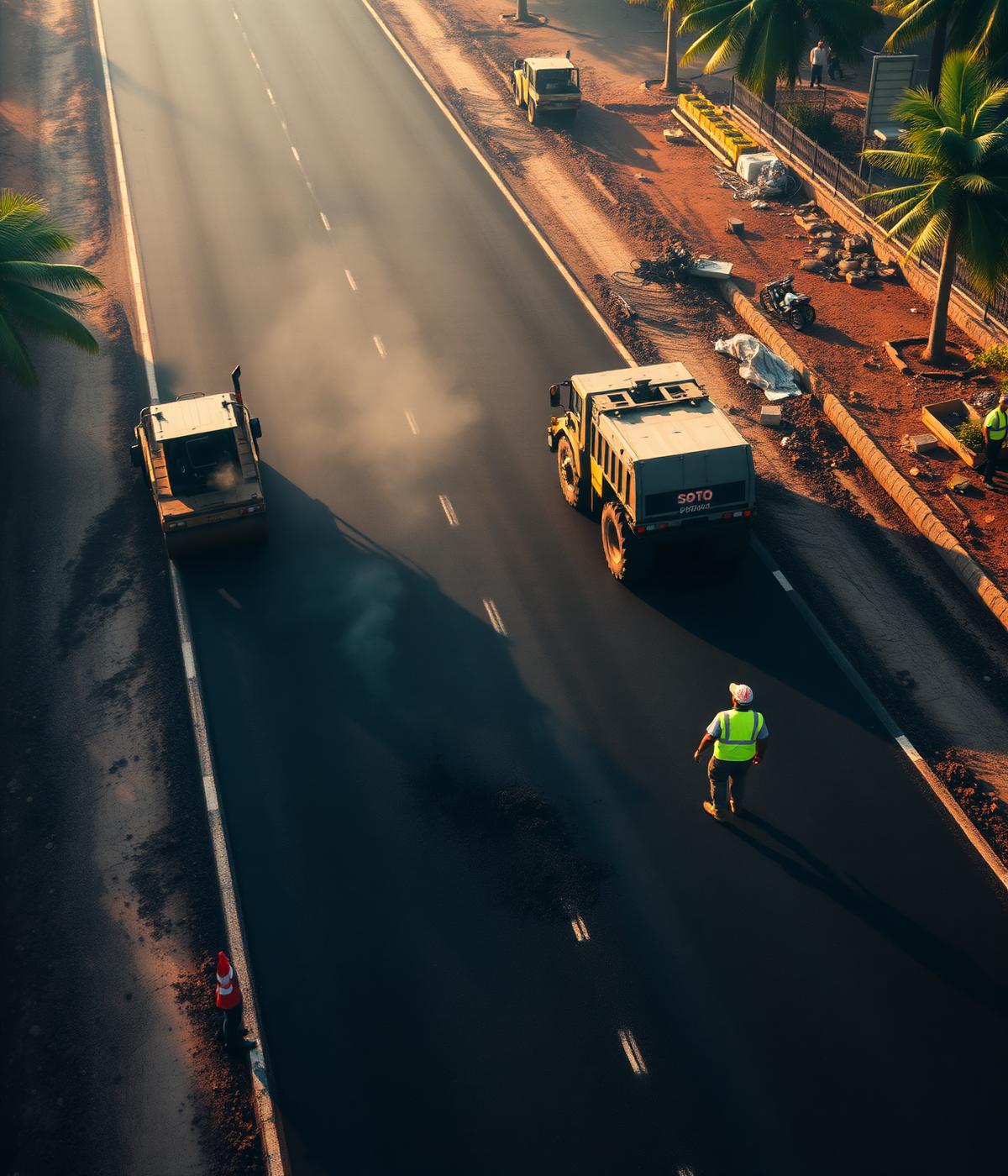 Asphalt road construction site in Sri Lanka with heavy machinery